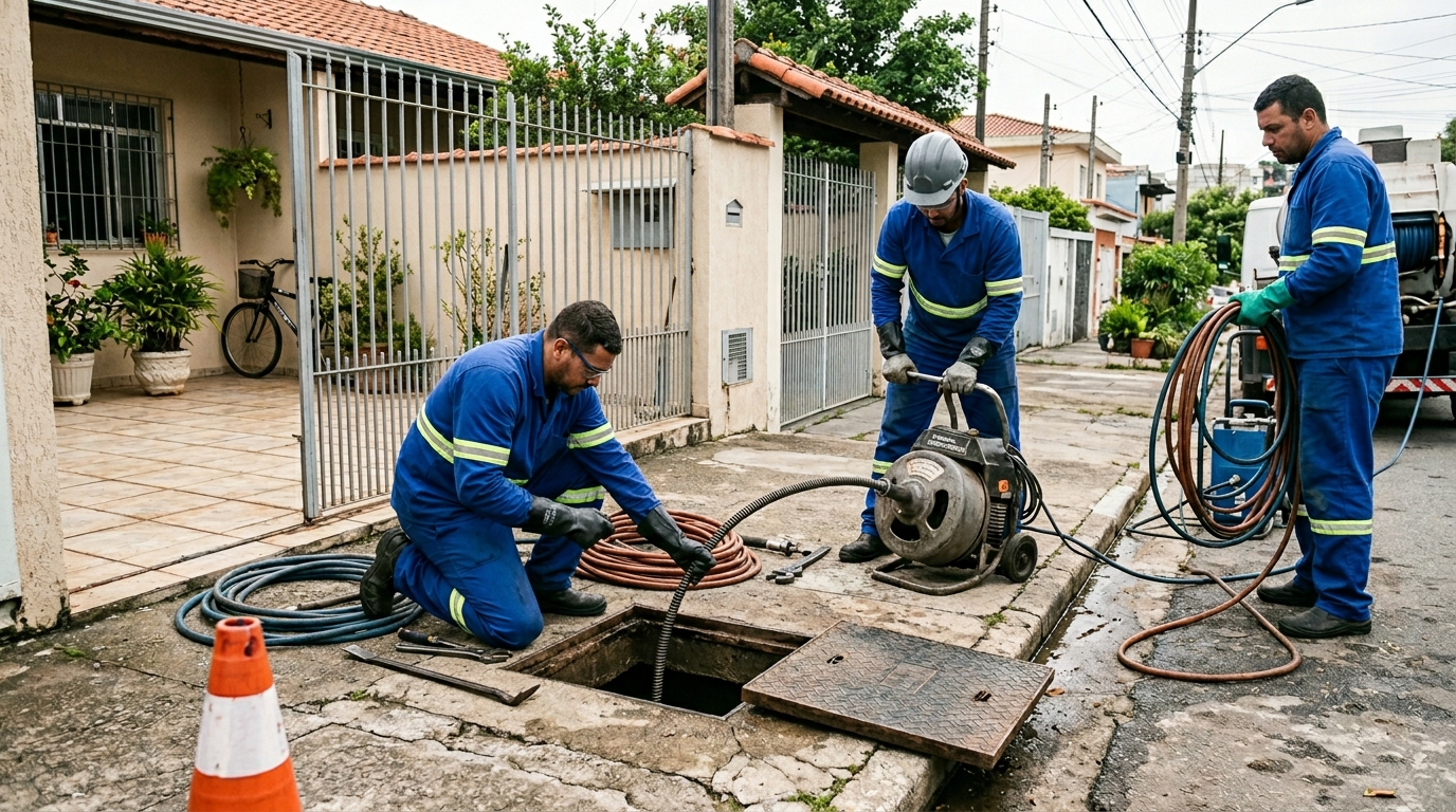 Equipe de desentupimento de esgoto em Santos-SP
